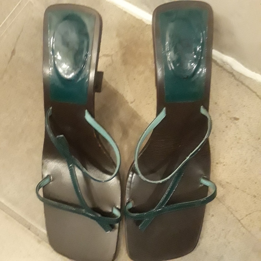 BCBG strappy blue squared heels