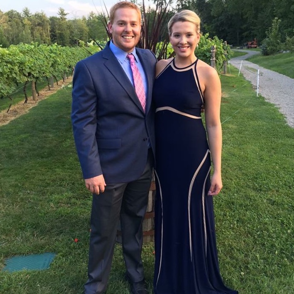 Navy and tan mesh gown by Xscape