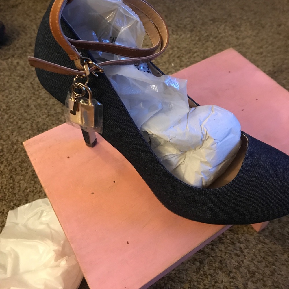 Blue Denim Pump with Ankle Strap and Lock and Key