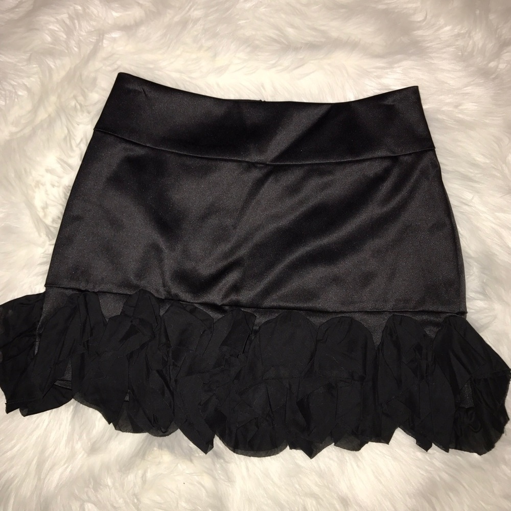 Express black satin skirt with ruffle trim. SZ 2