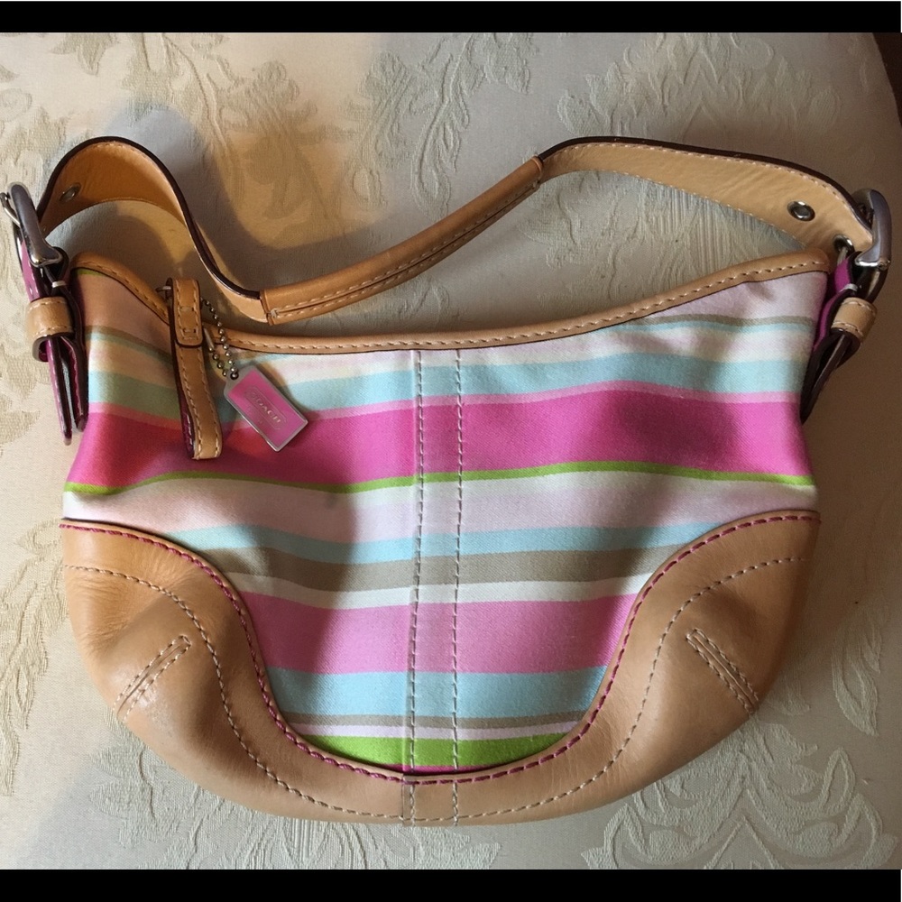 Coach pink, white and blue striped purse