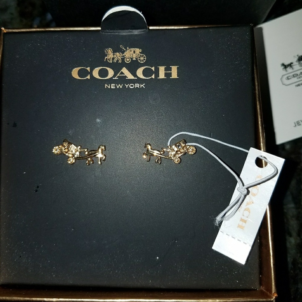 Coach rose gold horse and carriage earrings