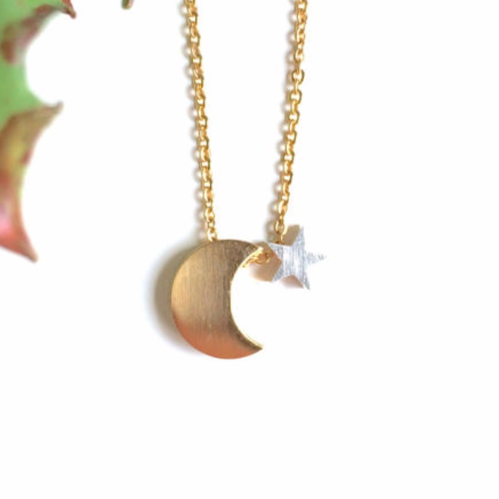 Moon and Star Charm Necklace, Gold Plated