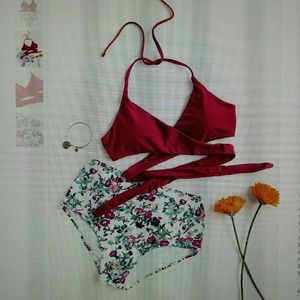 Flower print high waist wrap bikini set