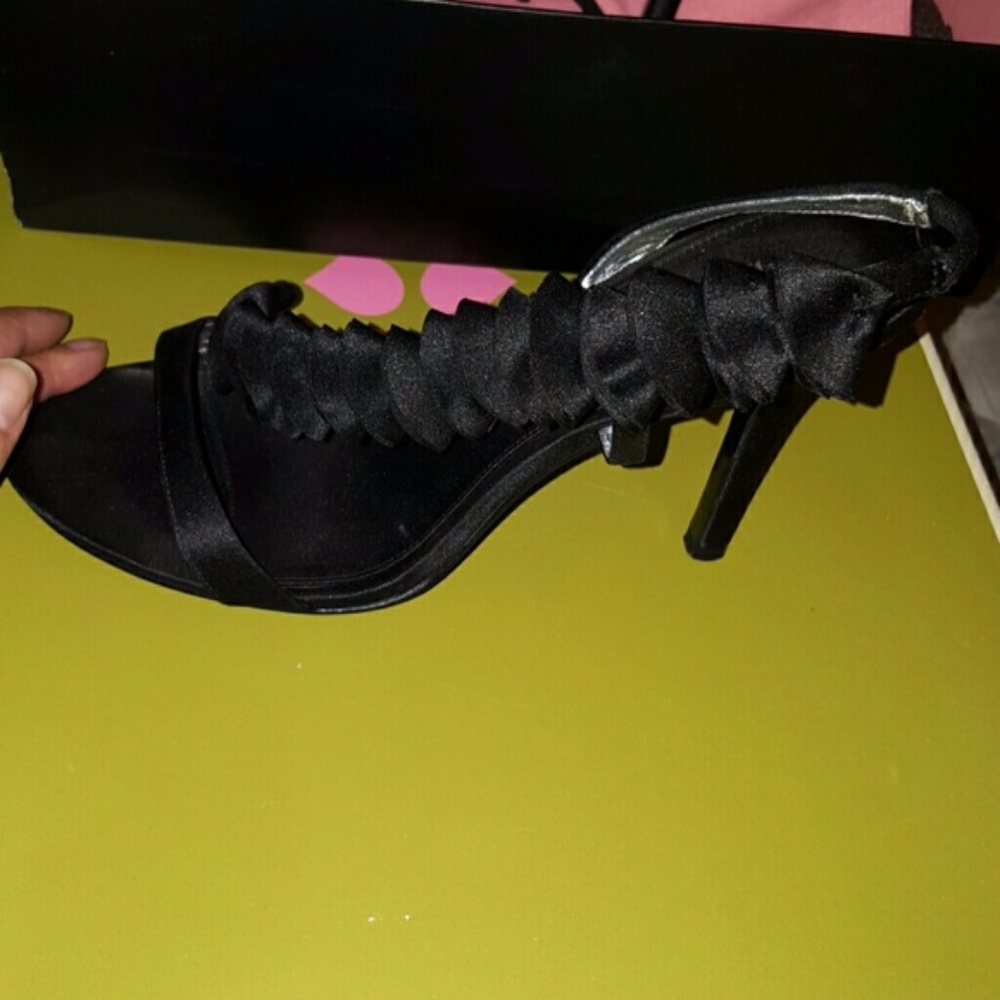Nina Black Satin Ruffle Pumps