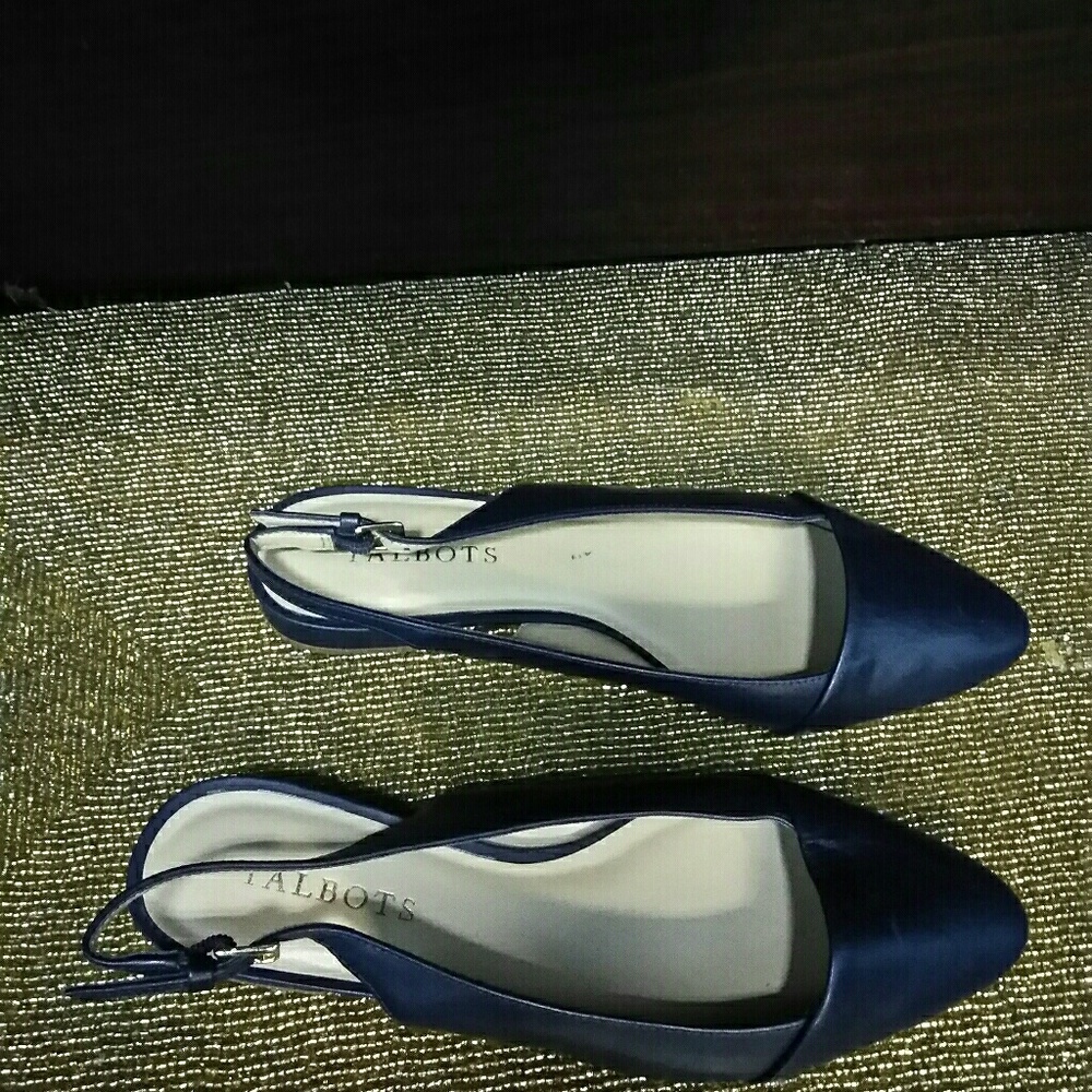 Talbot navy blue pointed flats with strap on back