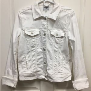 Just USA, Med, white, distressed denim jacket, EUC
