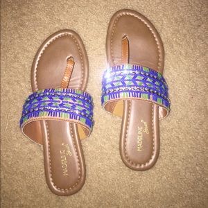 Brown, green, and blue rhinestone sandals