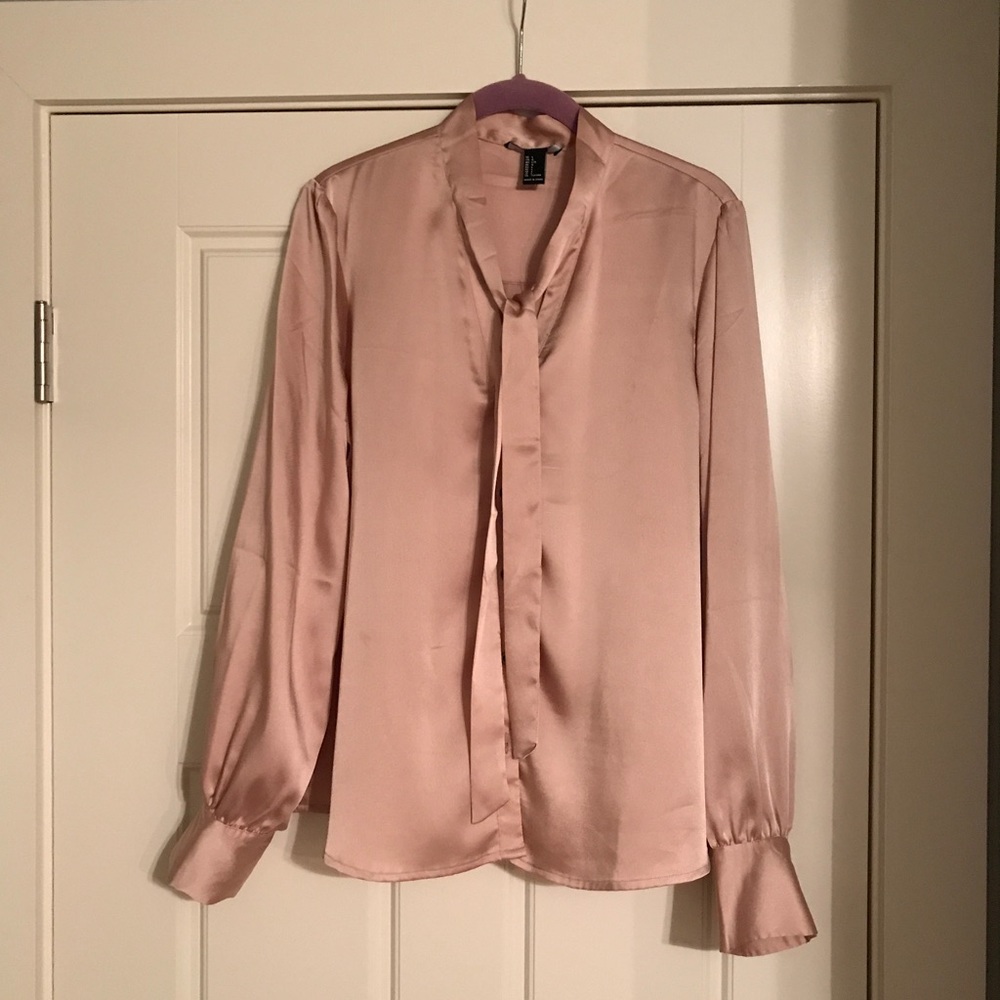 Champagne Rose Colored Blouse with Tie-Neck