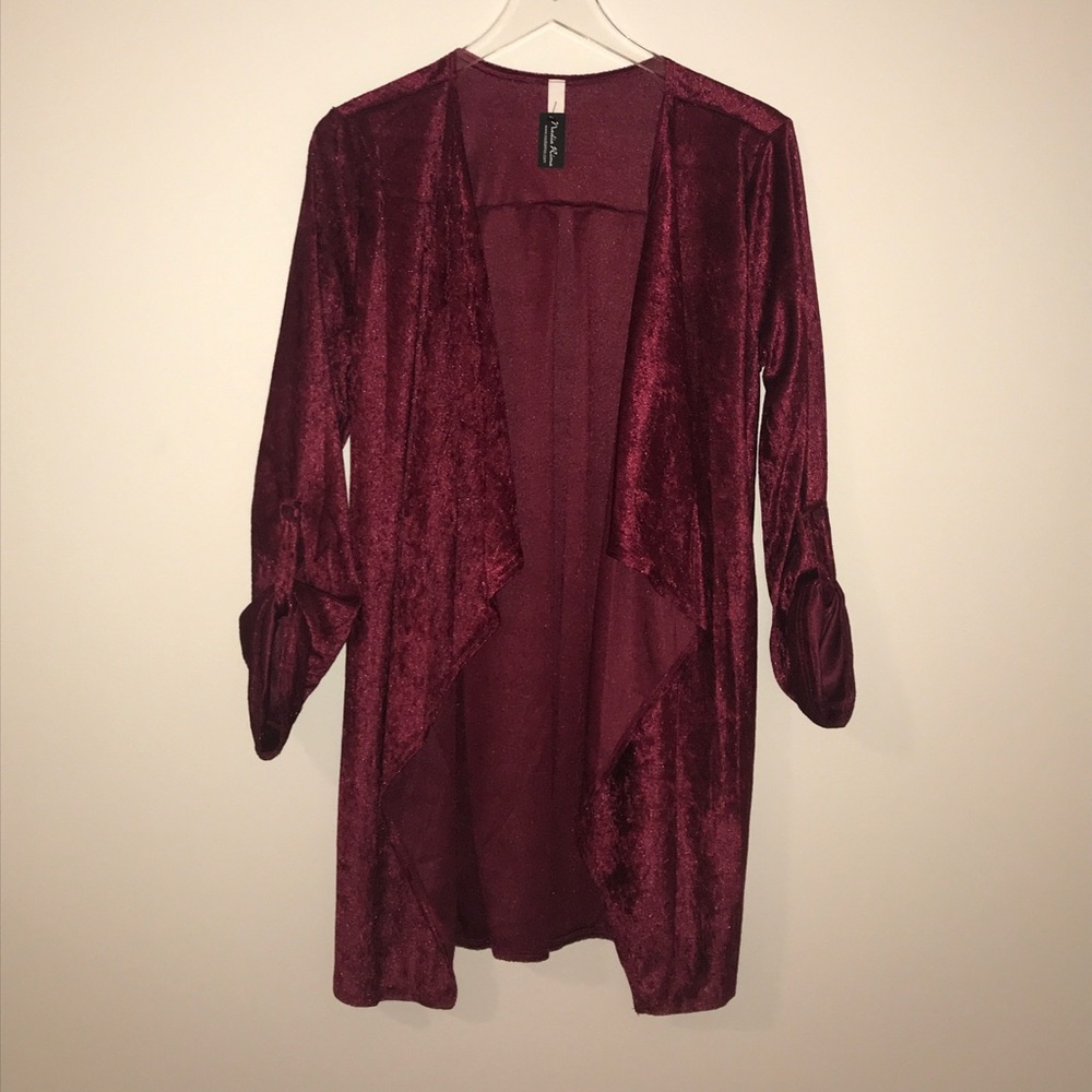 Crushed Velvet Red Robe Style Cardigan Waist Tie - Picture 6 of 8