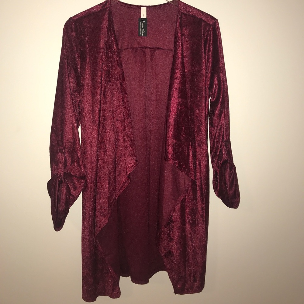 Crushed Velvet Red Robe Style Cardigan Waist Tie - Picture 7 of 8