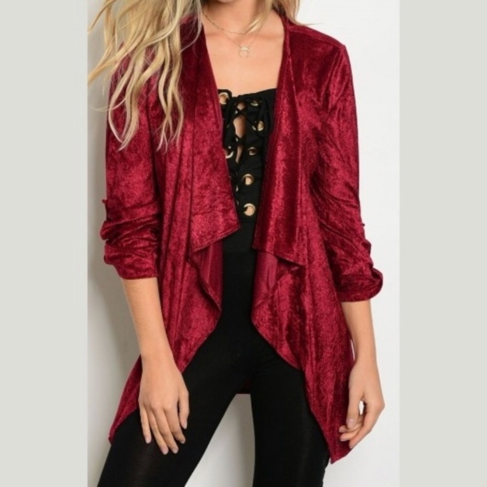 Crushed Velvet Red Robe Style Cardigan Waist Tie - Picture 2 of 8