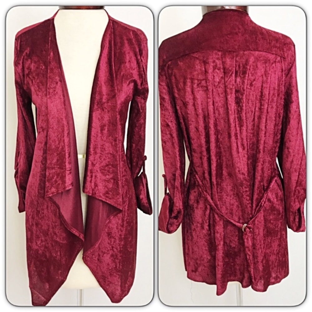 Crushed Velvet Red Robe Style Cardigan Waist Tie - Picture 4 of 8