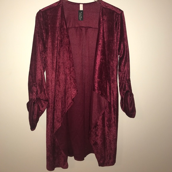 Crushed Velvet Red Robe Style Cardigan Waist Tie - Picture 7 of 8