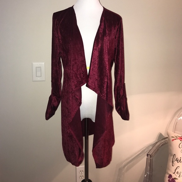 Crushed Velvet Red Robe Style Cardigan Waist Tie - Picture 3 of 8
