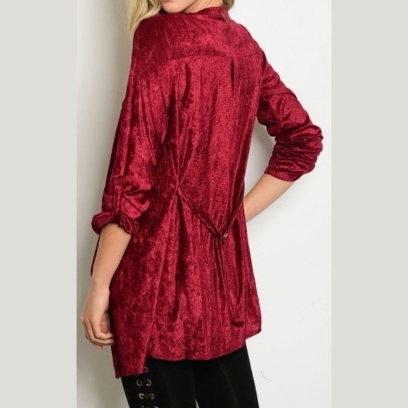 Crushed Velvet Red Robe Style Cardigan Waist Tie - Picture 5 of 8