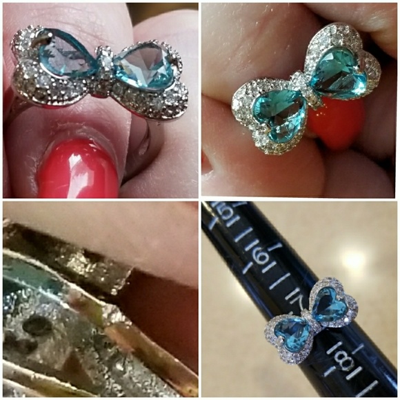 Genuine Blue Topaz & White Sapphire Bow Ring 7 - Picture 4 of 4