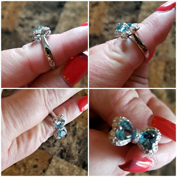 Genuine Blue Topaz & White Sapphire Bow Ring 7 - Picture 3 of 4