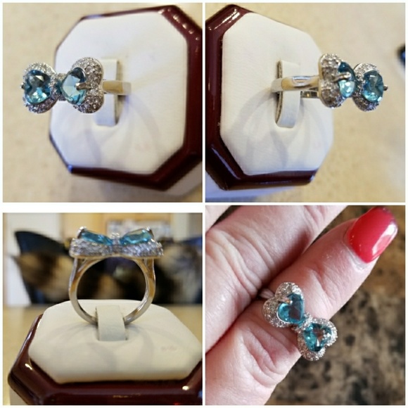 Genuine Blue Topaz & White Sapphire Bow Ring 7 - Picture 2 of 4