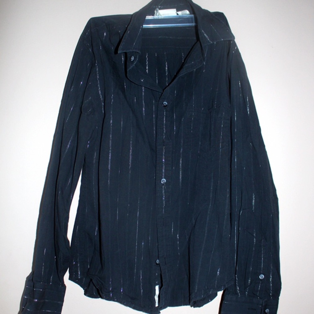 Black button down shirt with silver stripes