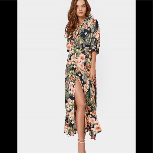 Tropical Print Shirt Dress Maxi - Picture 1 of 1