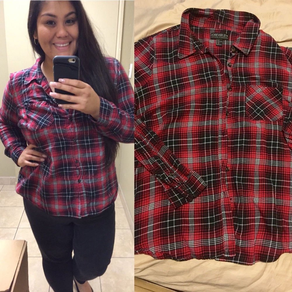 F21+ Red, Black, & White Plaid Long Sleeve Shirt