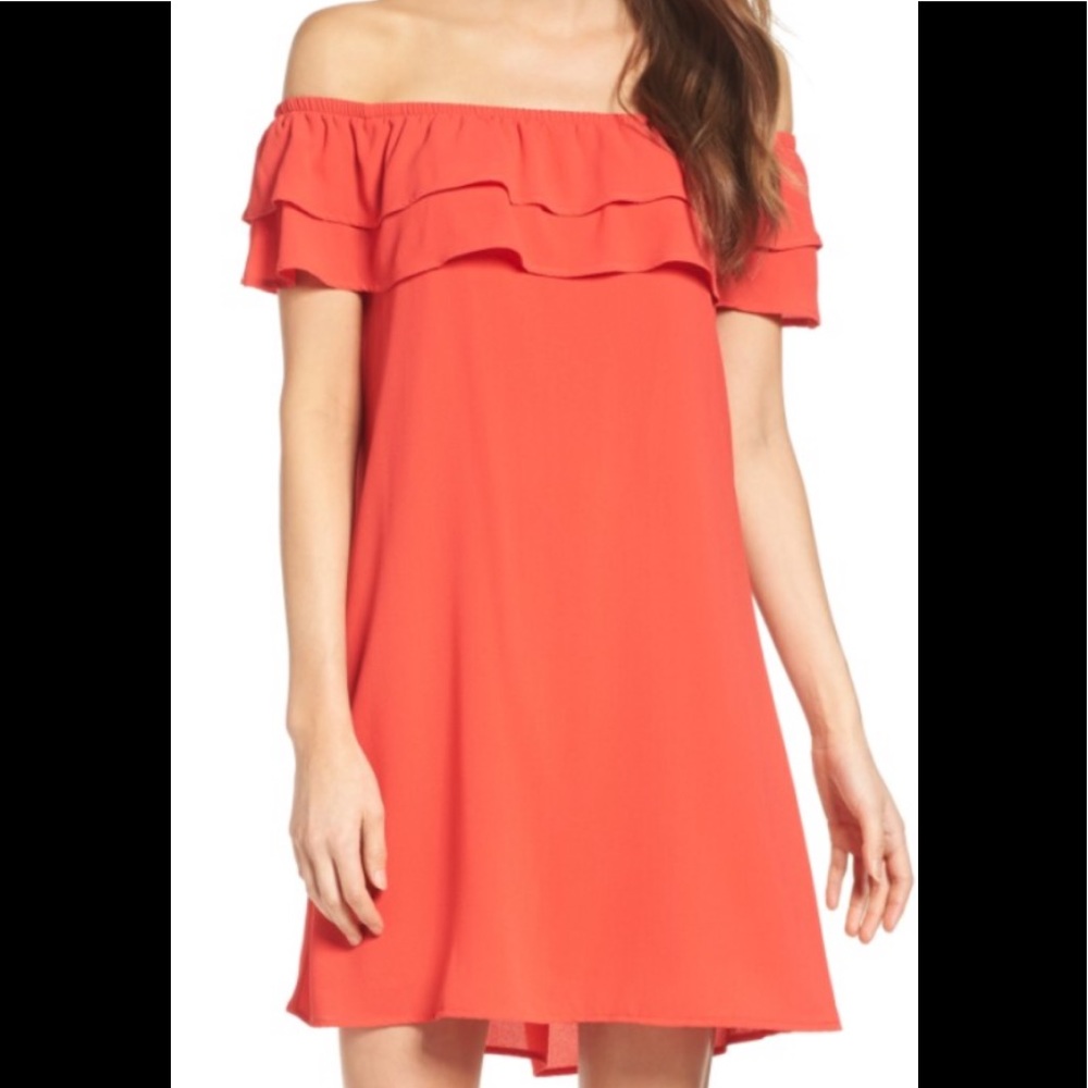 Off the shoulder ruffled melon dress