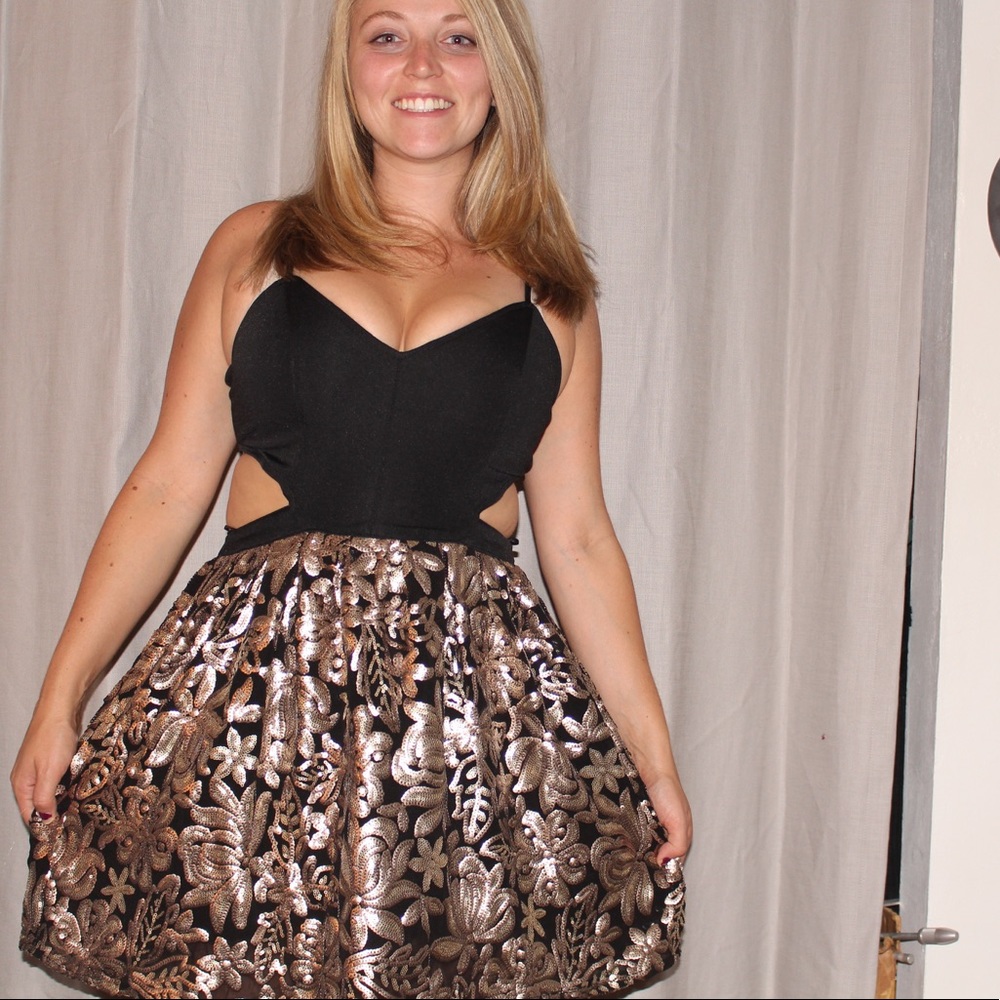 Black and gold sequined cutout dress