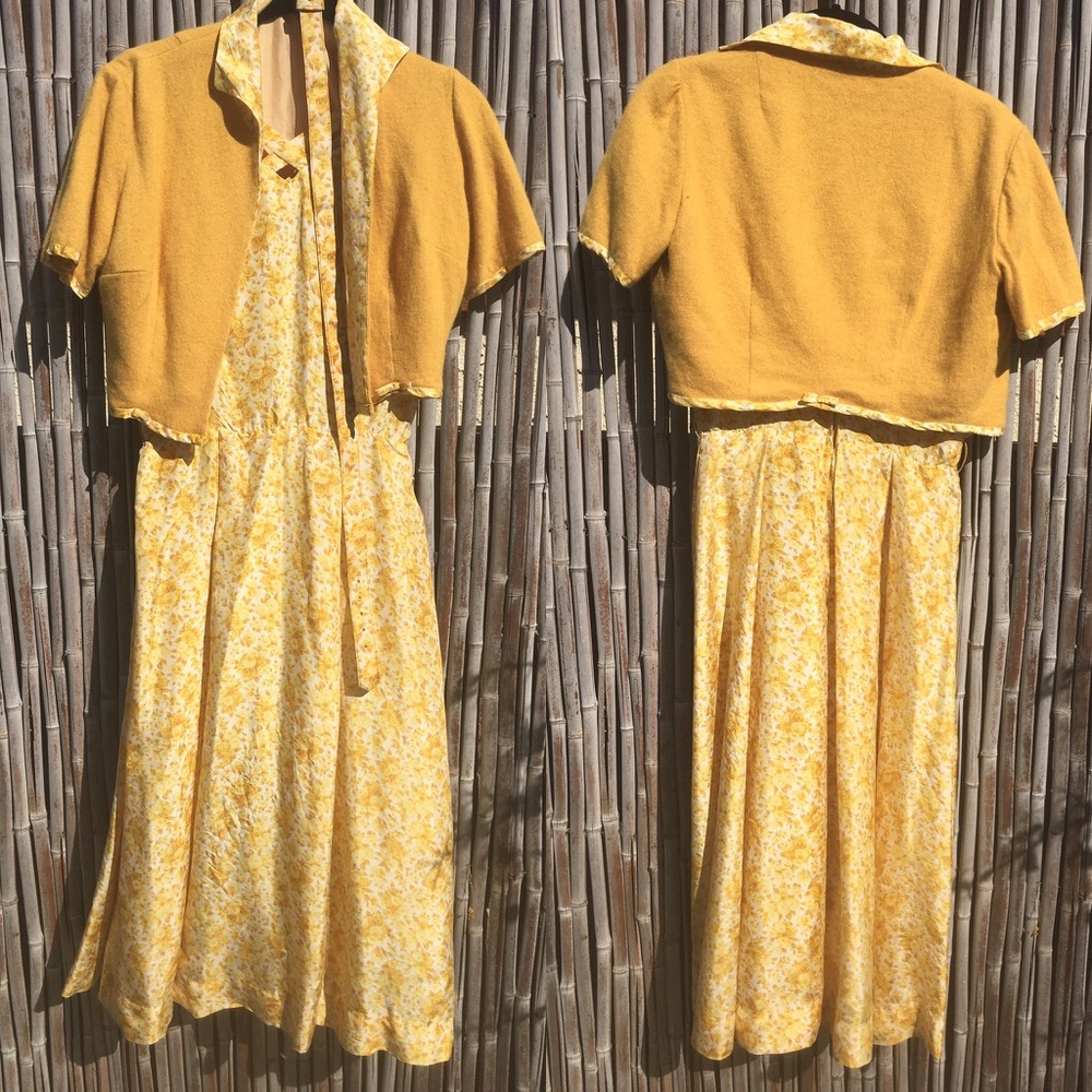 Vintage Yellow Floral Silk Dress and Sweater Set