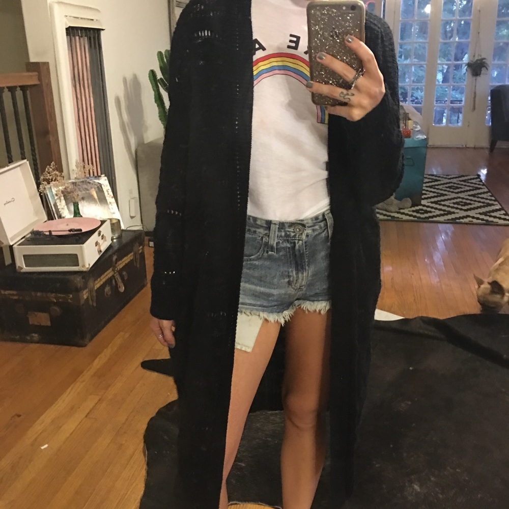 Black Ecoté Woven Long Cardigan - S