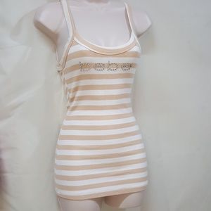 BEBE Tan/White Stripe Strapped Cami Top Rhinestone