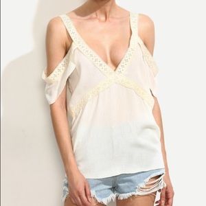 White V Neck Cold Shoulder Crochet Trim Blouse
