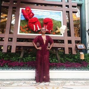 Burgundy deep V lace dress