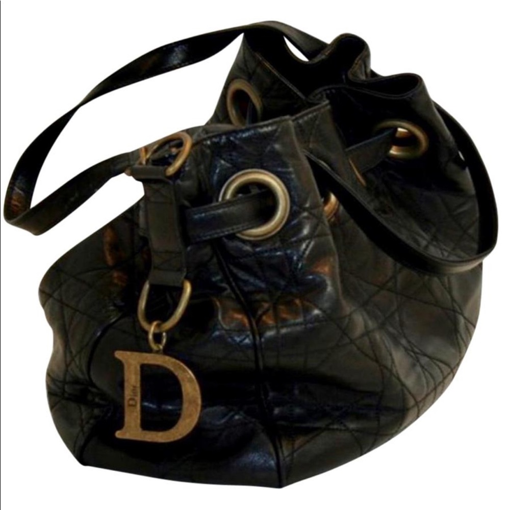Dior Black Lambskin Quilted Cannage Drawstring Bag