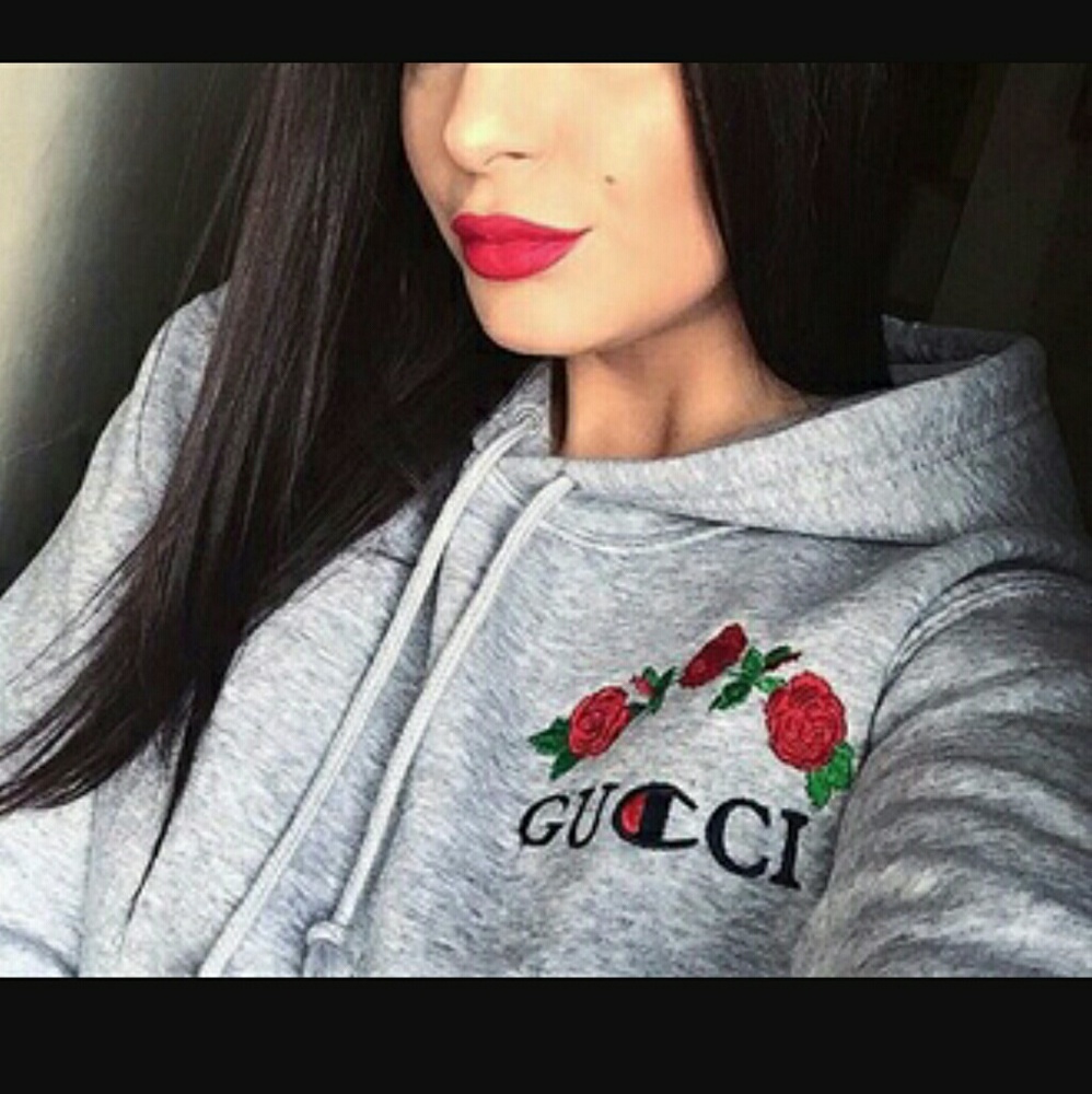 Drawstring Hooded Embroidery Letter Floral Pattern