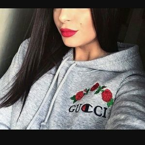 Drawstring Hooded Embroidery Letter Floral Pattern