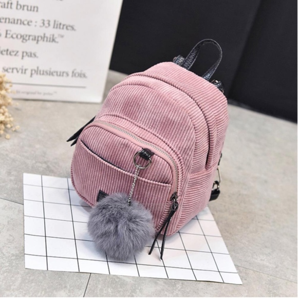 PINK CORDUROY MINI BACKPACK & RABBIT FUR KEYCHAIN - Picture 2 of 3