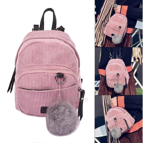 PINK CORDUROY MINI BACKPACK & RABBIT FUR KEYCHAIN - Picture 3 of 3