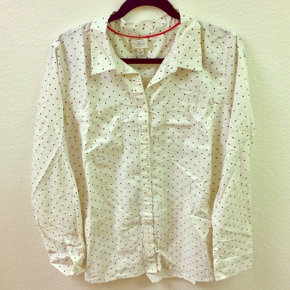 NWOT XL St Johns Bay B&W Polka Dot Button Down Top