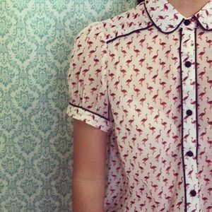 Sheer Flamingo Print Button Down Sheer Flamingo Print Button Down