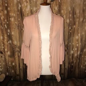 Blush Kimono with Lace Trim and Bell Sleeves Blush Kimono with Lace Trim and Bell Sleeves