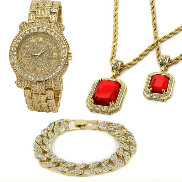 14K GOLD PLATED ICED OUT WATCH CHAINS COMBO - Picture 1 of 4