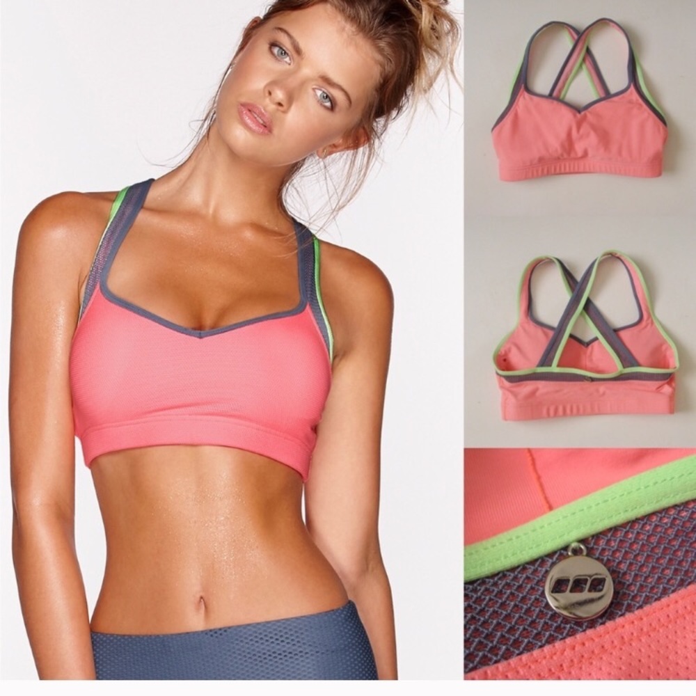 Lorna Jane pink bra with lime and gray mesh trim!