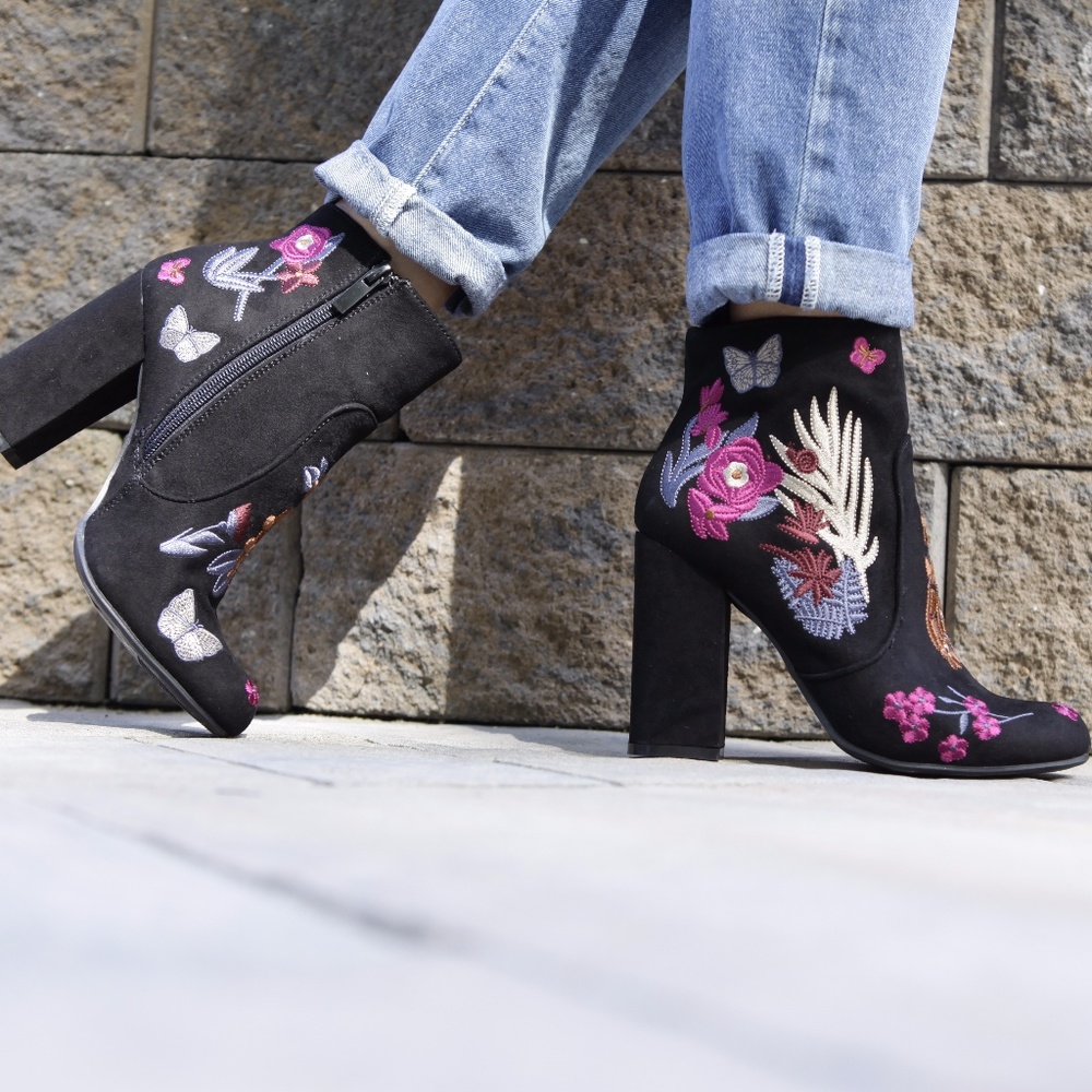 Embroidered suede booties