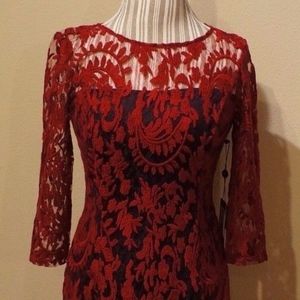 Adrianna Papell Lace Overlay Dress Maroon Navy