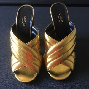 Gucci Gold Block Mules Heels