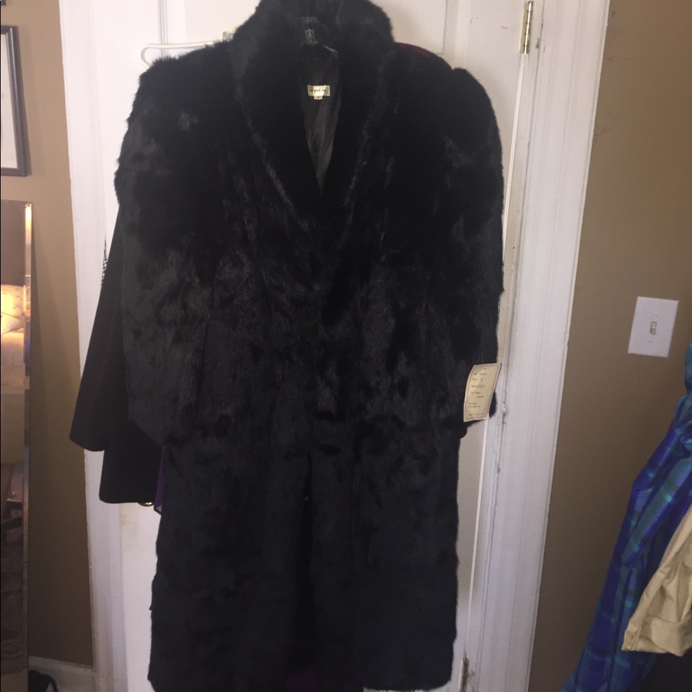 Long rabbit black fur coat