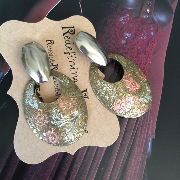 Vintage Earrings, mixed metal, drop, floral, 1980s - Picture 5 of 6