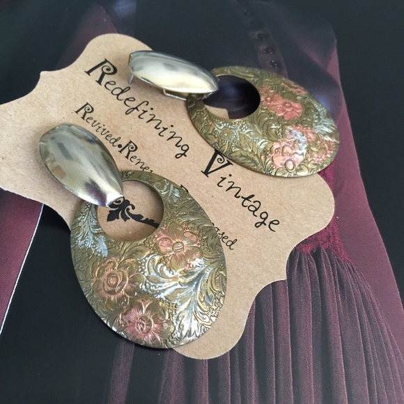 Vintage Earrings, mixed metal, drop, floral, 1980s - Picture 4 of 6