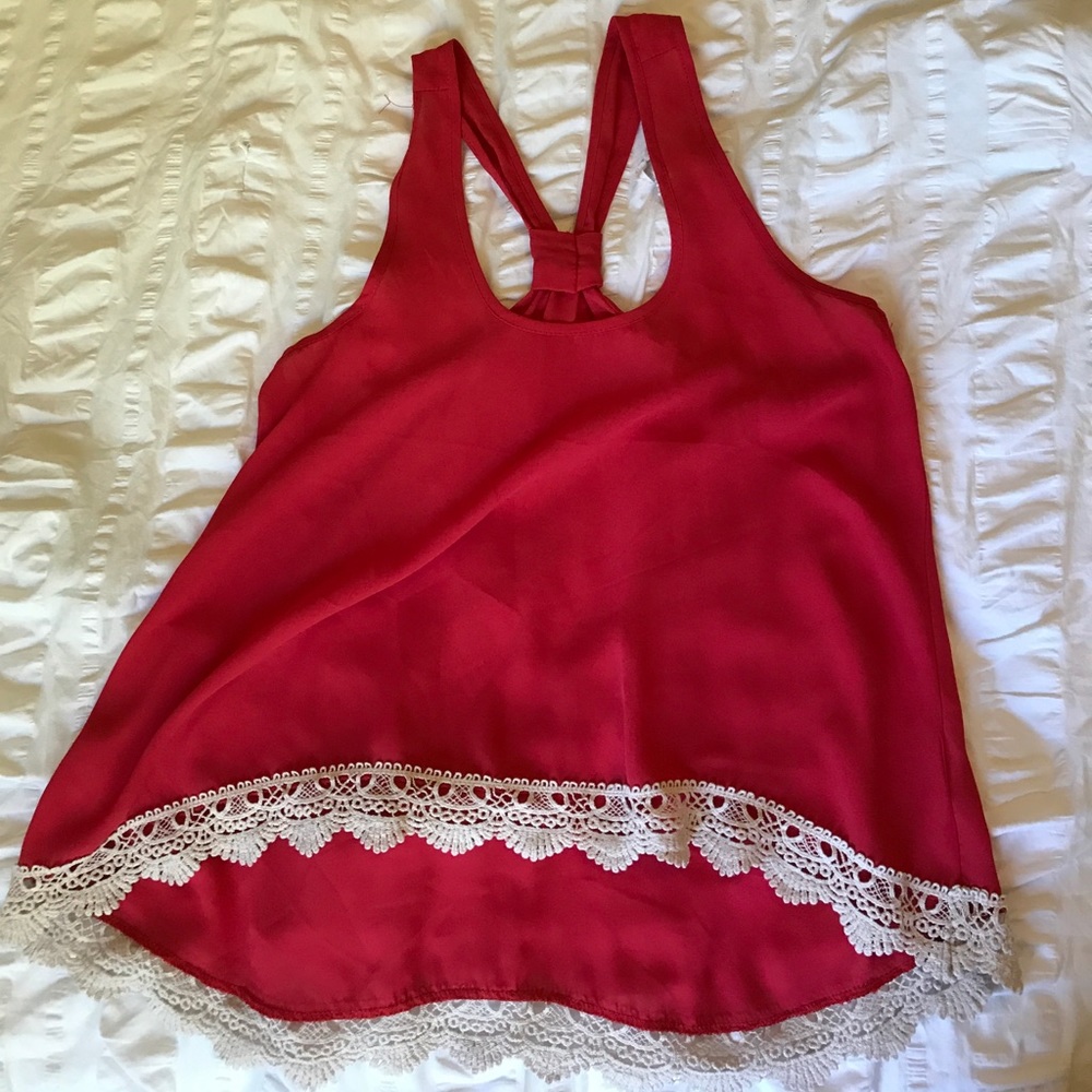 Red high/low tank with lace trim